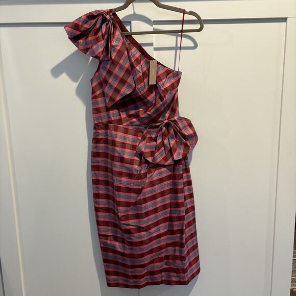 J.CREW Dresses & Skirts - NWT J Crew Dress Womens 2 Pink Red Plaid One Shoulder Bow Silk Blend Cocktail